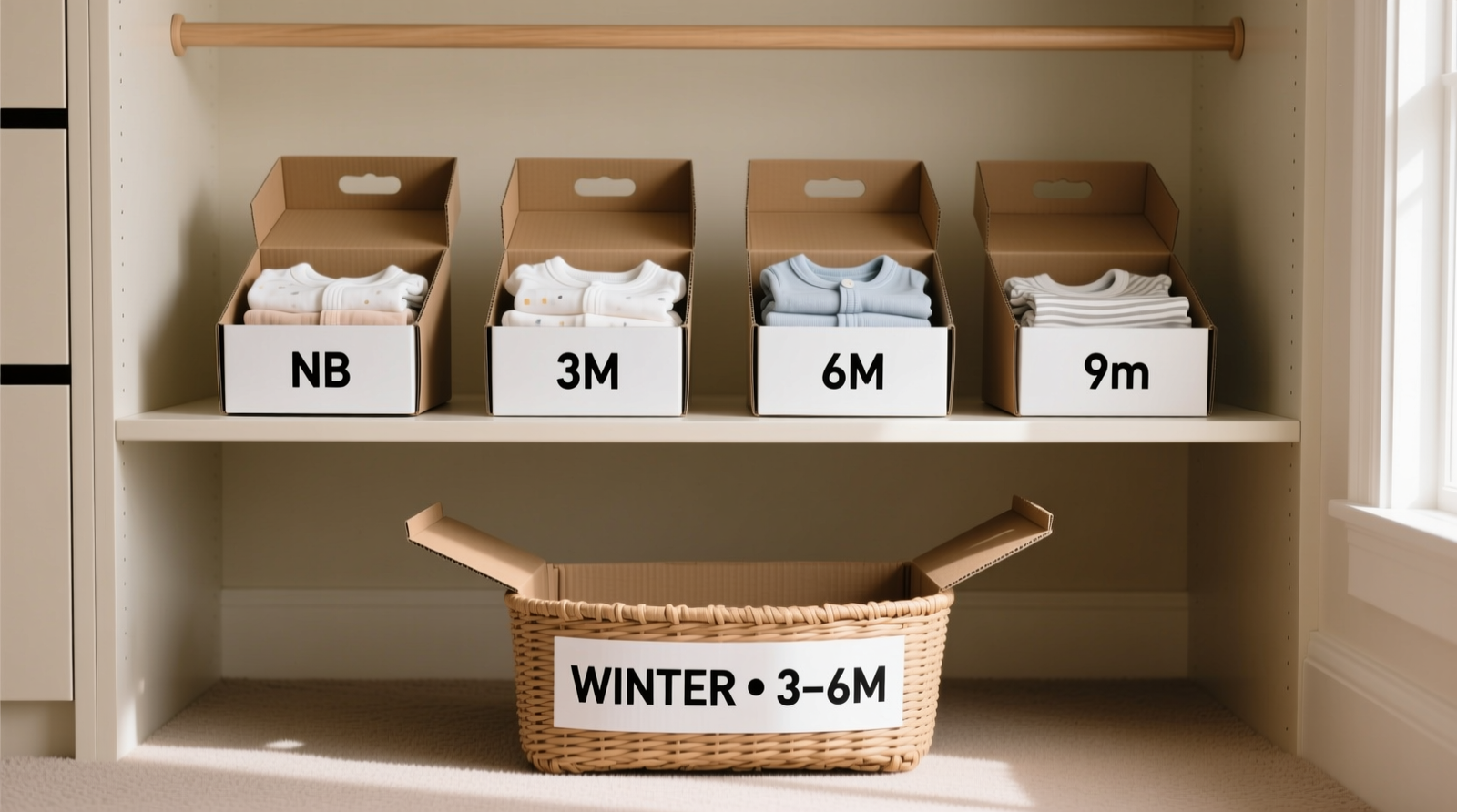 Four identical cardboard diaper box inserts arranged side-by-side on a closet shelf, each holding vertically folded baby clothes labeled 'NB', '3M', '6M', and '9M'; a fifth insert sits open in a woven basket on the floor labeled 'WINTER • 3–6M'