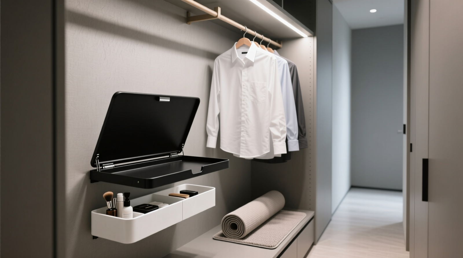 A narrow reach-in closet showing a matte-black fold-down grooming tray mounted flush to the rear wall, with a slim white supply caddy beneath it and a rolled non-slip mat tucked beside the baseboard. Hanging shirts remain fully accessible on the main rod above.