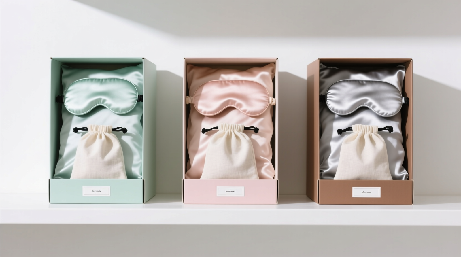 Three upright, lidless archival boxes on a clean white shelf, each holding folded satin pillowcases and sleep masks in individual cotton pouches; labels visible with minimalist typography and soft pastel color-coding by season