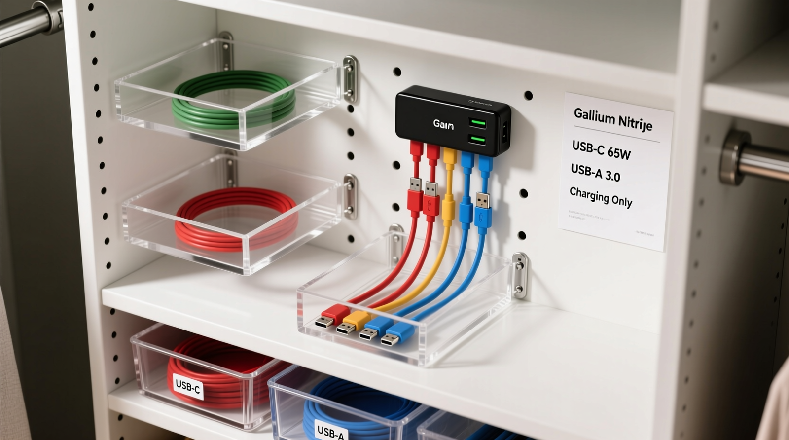 Overhead view of a custom closet interior showing three-tier acrylic trays mounted on adjustable shelving, with color-coded USB-C and USB-A cables routed vertically through grommet holes into labeled compartments; a slim GaN hub is surface-mounted on the rear panel beside a printed legend key