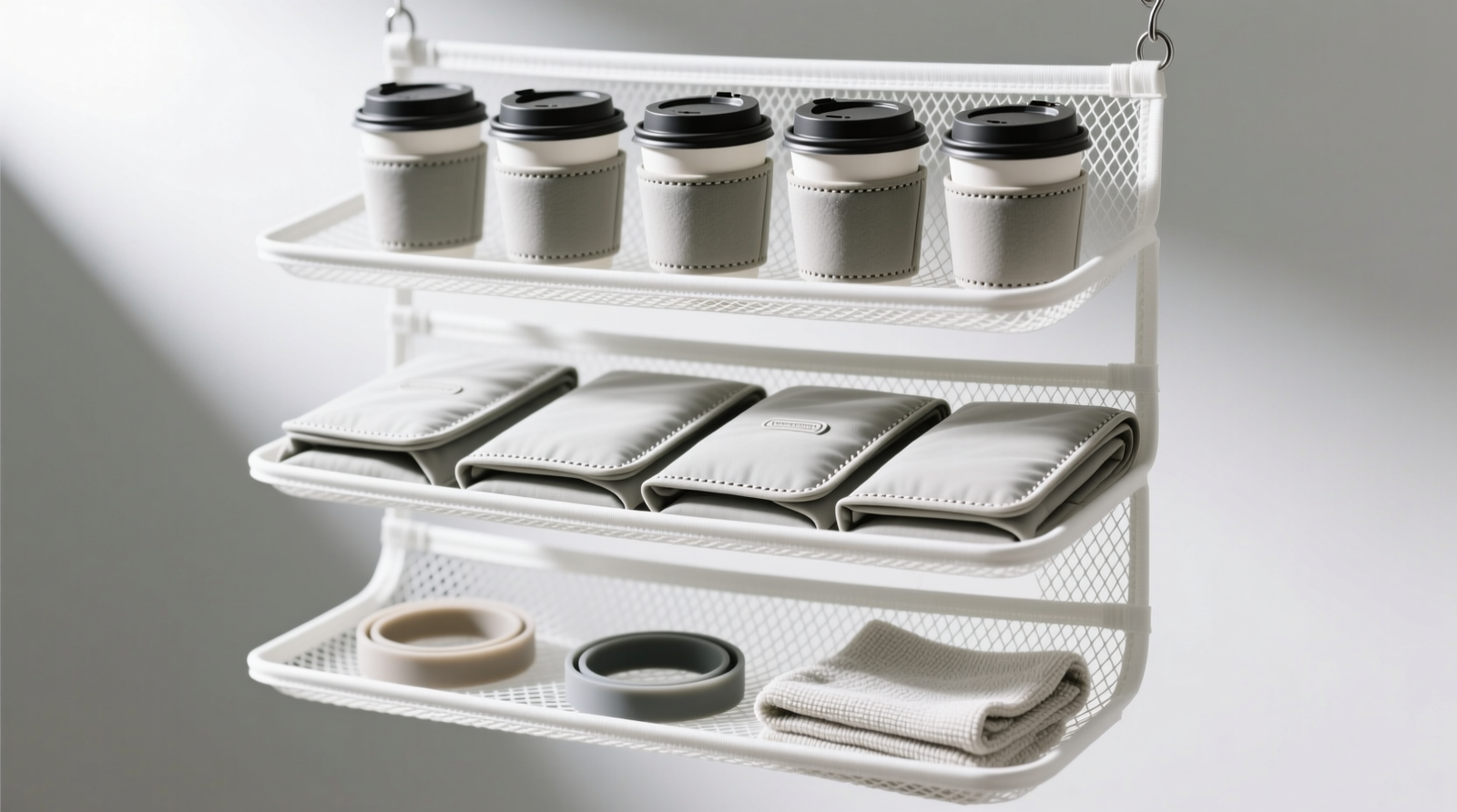 Close-up of a white hanging mesh organizer with three tiers: top row holds five neatly rolled neoprene coffee cup sleeves, middle row displays four flat-folded insulated lunch wraps with visible stitching and fabric texture, bottom row contains two spare silicone bands and a folded cleaning cloth—all clearly visible, dry, and untangled