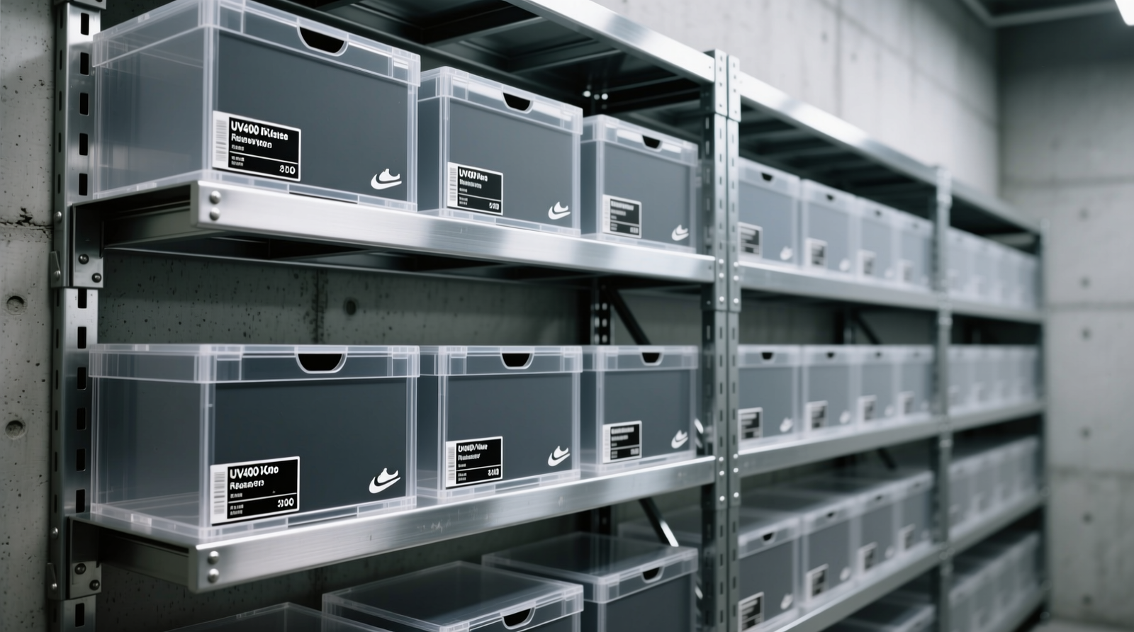 A well-organized closet showing powder-coated metal shelving with labeled Tyvek-bagged sneakers, silica gel indicators visible, and a wall-mounted hygrometer displaying 48% RH and 65°F