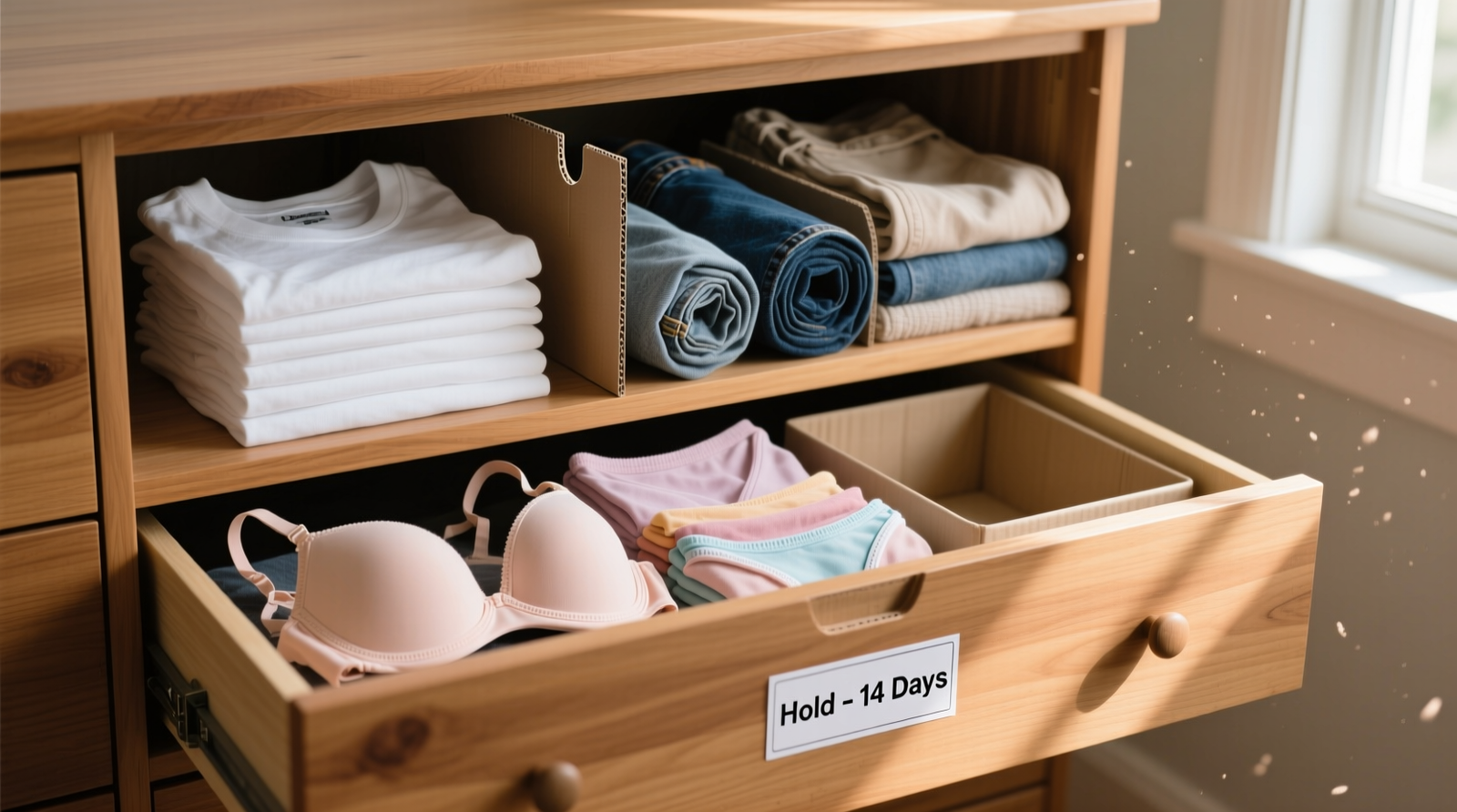 A standard wooden dresser with four open drawers: first drawer shows vertical-folded white tees in neat upright rows behind a cardboard L-divider; second drawer displays rolled denim and linen pants separated by a U-channel divider; third contains folded bras and cotton underwear in color-coordinated stacks; fourth is empty except for a small labeled bin marked 'Hold – 14 Days'