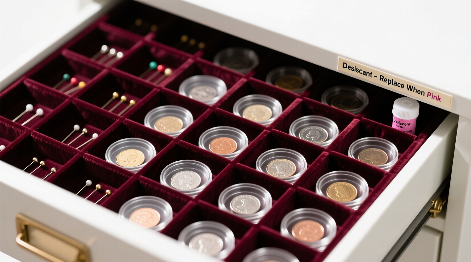 Overhead view of a closet shelf showing four neatly stacked gaming collectible boxes separated by thin white foam sheets and bordered by clear acrylic spacers; all boxes lie perfectly flat with labels fully visible and undamaged