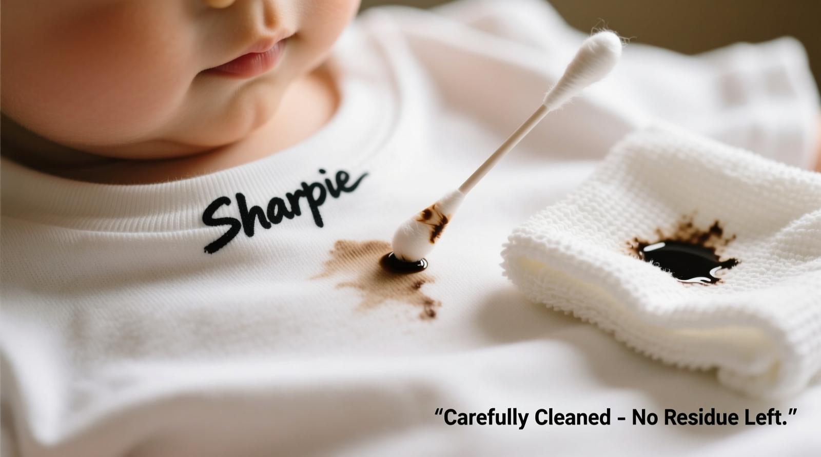Close-up of a cotton toddler t-shirt with a fresh black Sharpie mark; a cotton swab saturated with clear liquid is gently dabbing the edge of the stain, while a folded white cloth absorbs ink from the reverse side.