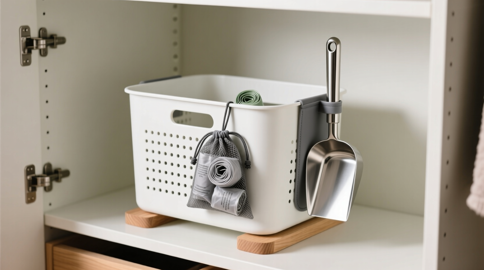A shallow, white ventilated storage bin elevated on low-profile wooden risers inside a standard reach-in closet; a silicone-lined vertical sleeve holds a stainless steel litter scoop upright, and a gray mesh pouch with drawstring hangs from the bin's interior handle, containing rolled biodegradable waste bags. Air gaps are visible beneath and around the bin.