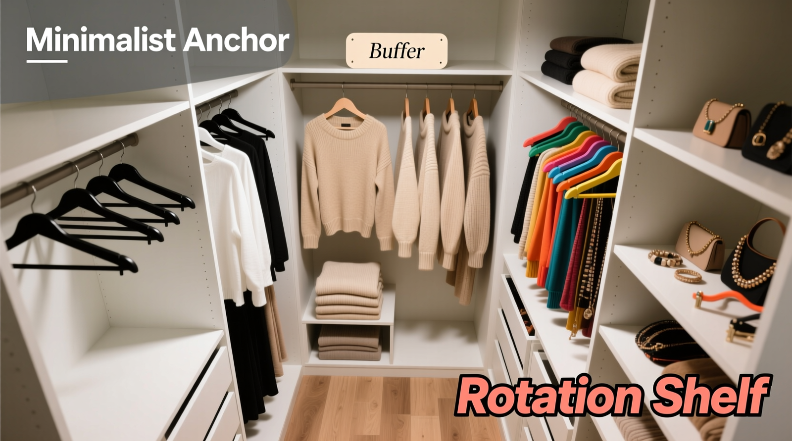 A narrow reach-in closet divided by subtle, floor-to-ceiling matte black acrylic panels into three vertical zones; left zone holds wide-leg trousers and corduroy jackets, middle zone displays white tees and charcoal sweaters on identical hangers, right zone features sharp tailoring and tonal black layers