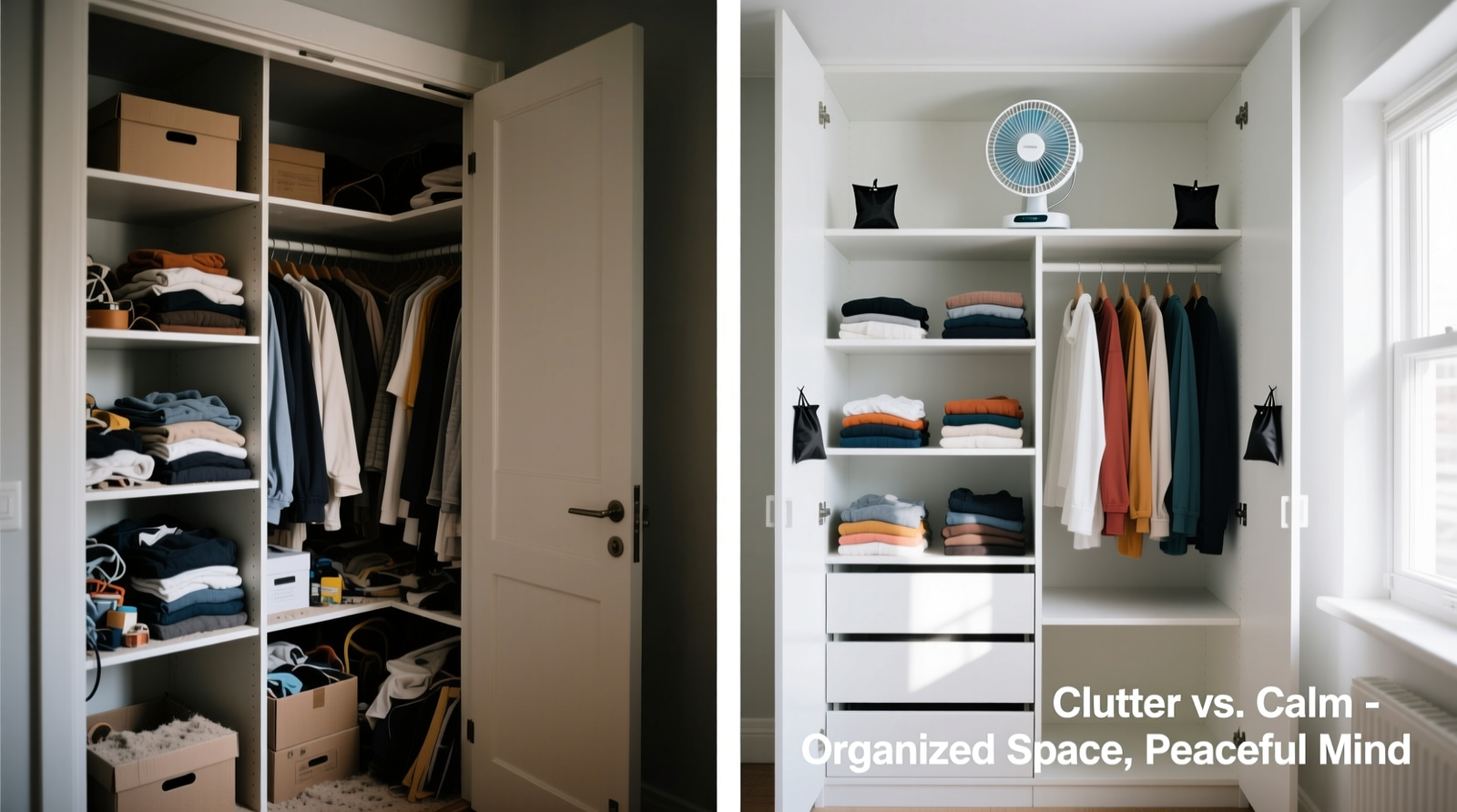 Side-by-side comparison: a cluttered, closed closet with laminated shelves versus an organized, open closet with a small oscillating fan mounted on a shelf and activated charcoal bags placed at shelf corners