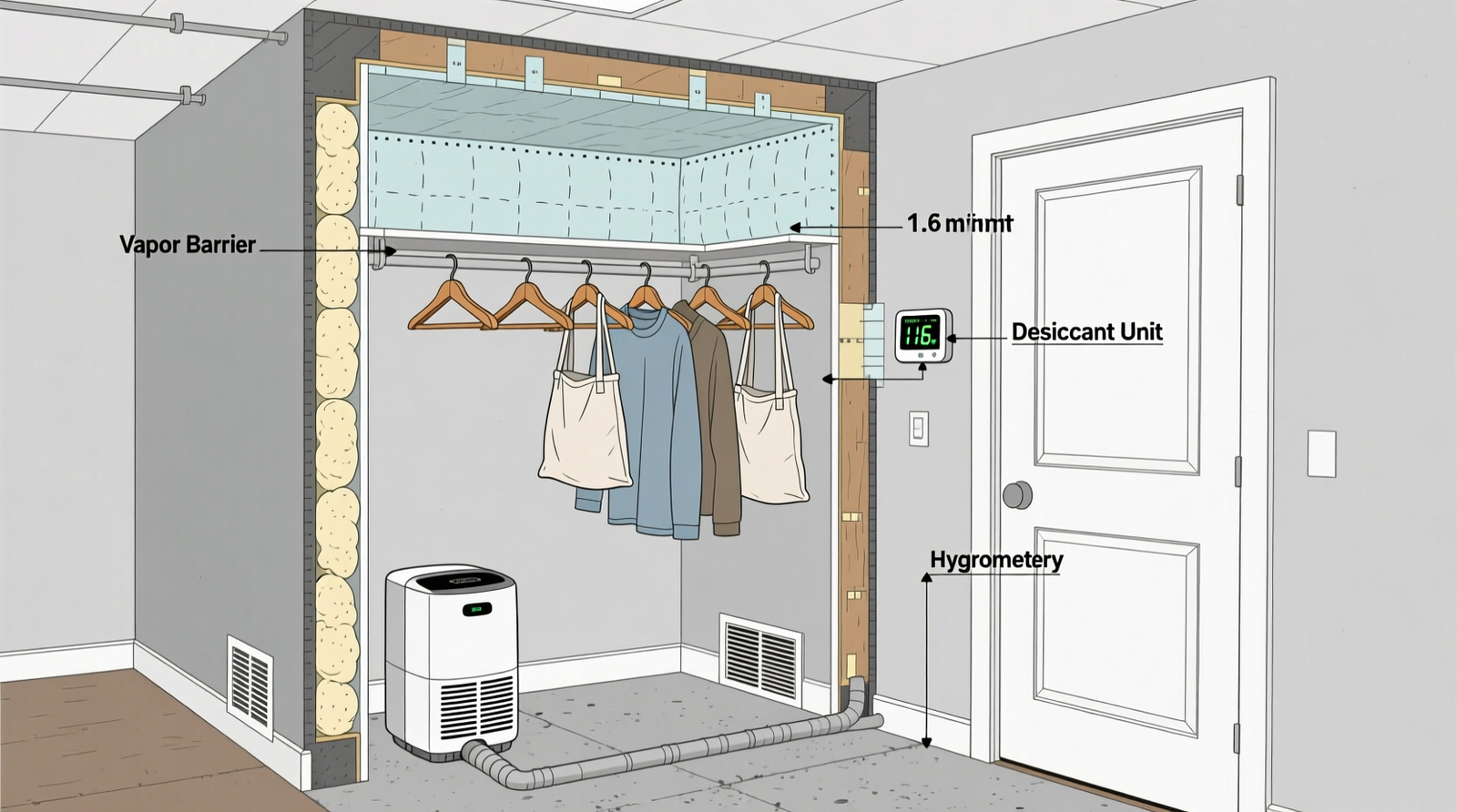 Cross-section diagram showing a basement closet with vapor barrier lining, desiccant unit on floor, cotton garment bags on wooden hangers, and hygrometer mounted at eye level near door frame