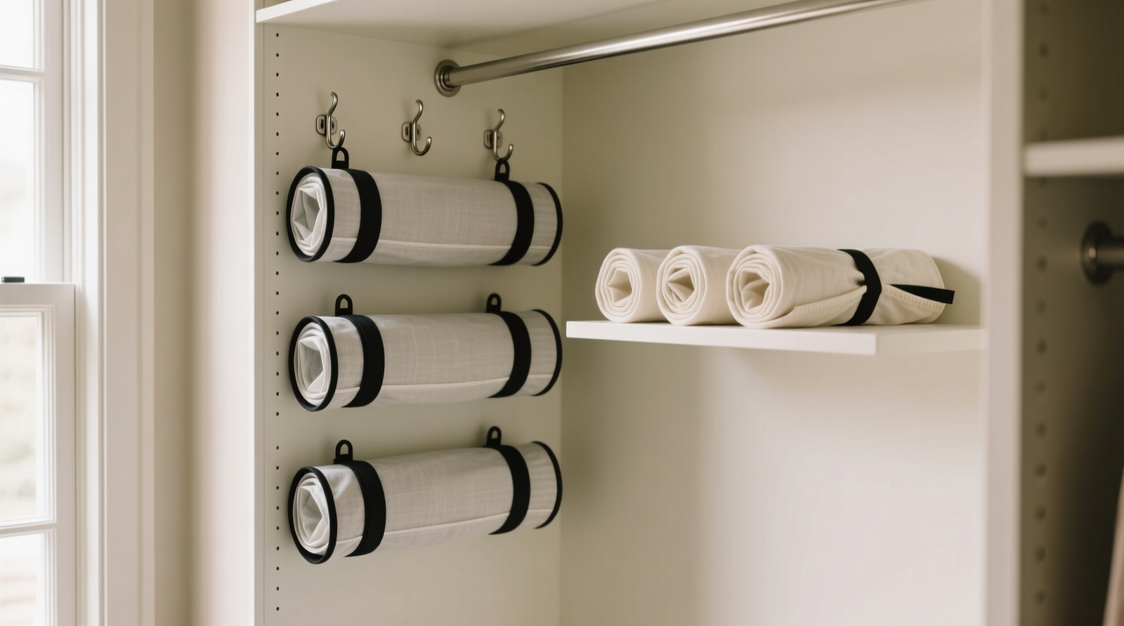 A minimalist closet interior showing three vertically stored, rolled pet stroller rain covers secured with matte black silicone bands, each hung on individual slim non-slip hooks mounted on the inside of a closet door; adjacent shelf holds matching sun shades rolled identically in breathable cotton sleeves