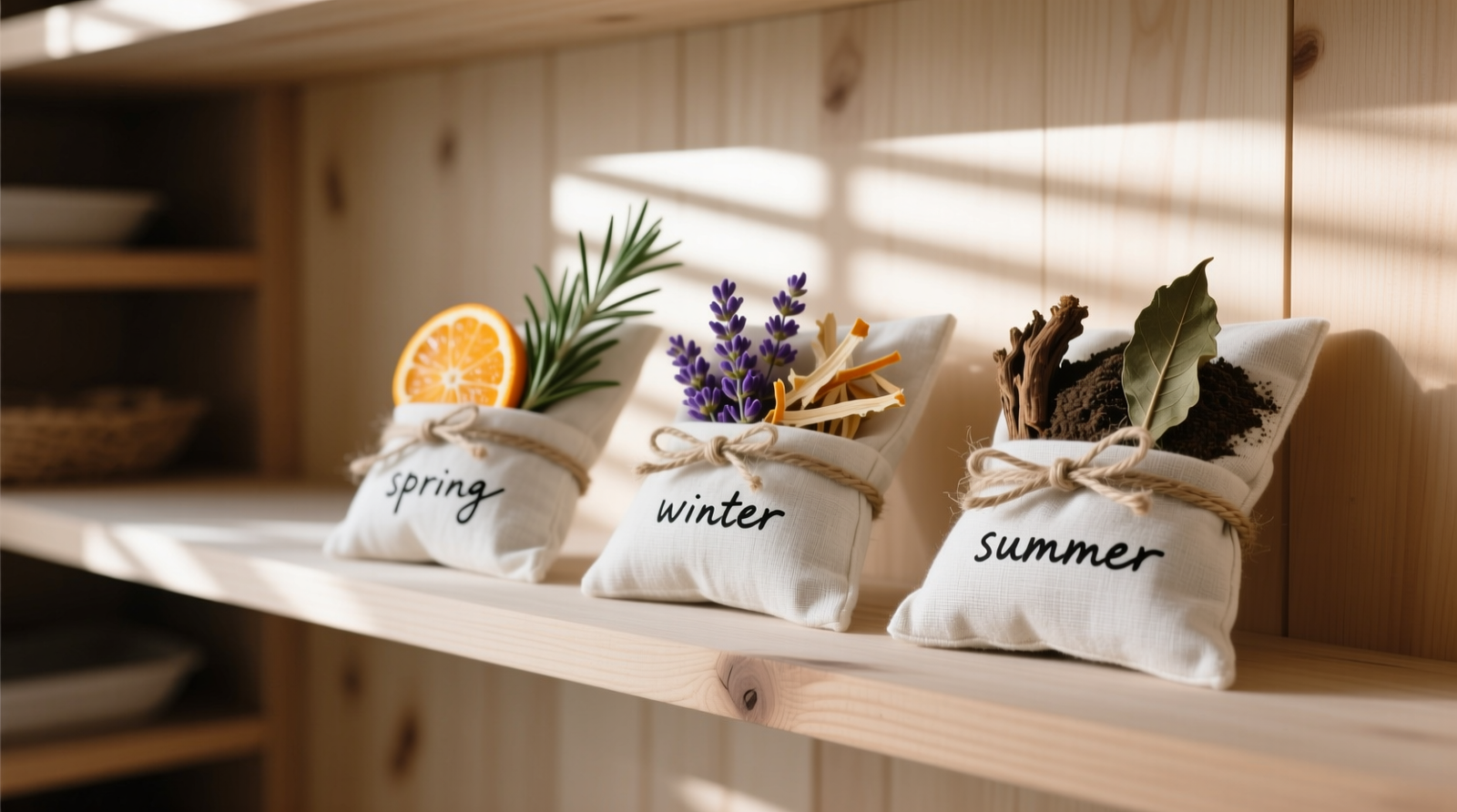 A minimalist closet interior showing three labeled, linen-wrapped sachets on a cedar shelf: one with dried orange peel and rosemary (spring), one with lavender buds and cedar shavings (winter), and one with vetiver root powder and patchouli leaf (summer)