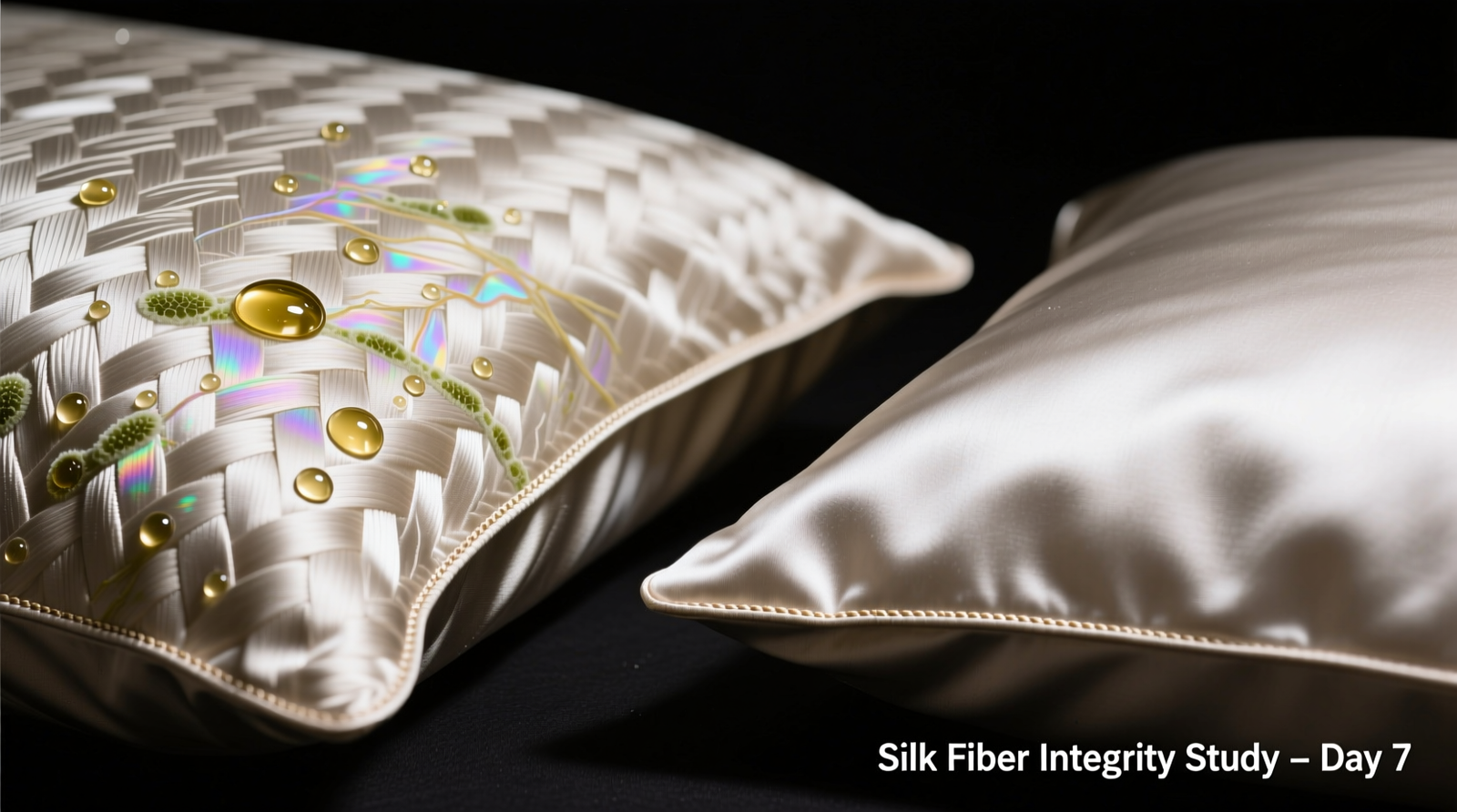 Close-up macro photograph of a silk pillowcase showing microscopic oil residue and faint bacterial biofilm streaks along the seam line, next to a freshly washed, taut, lustrous counterpart