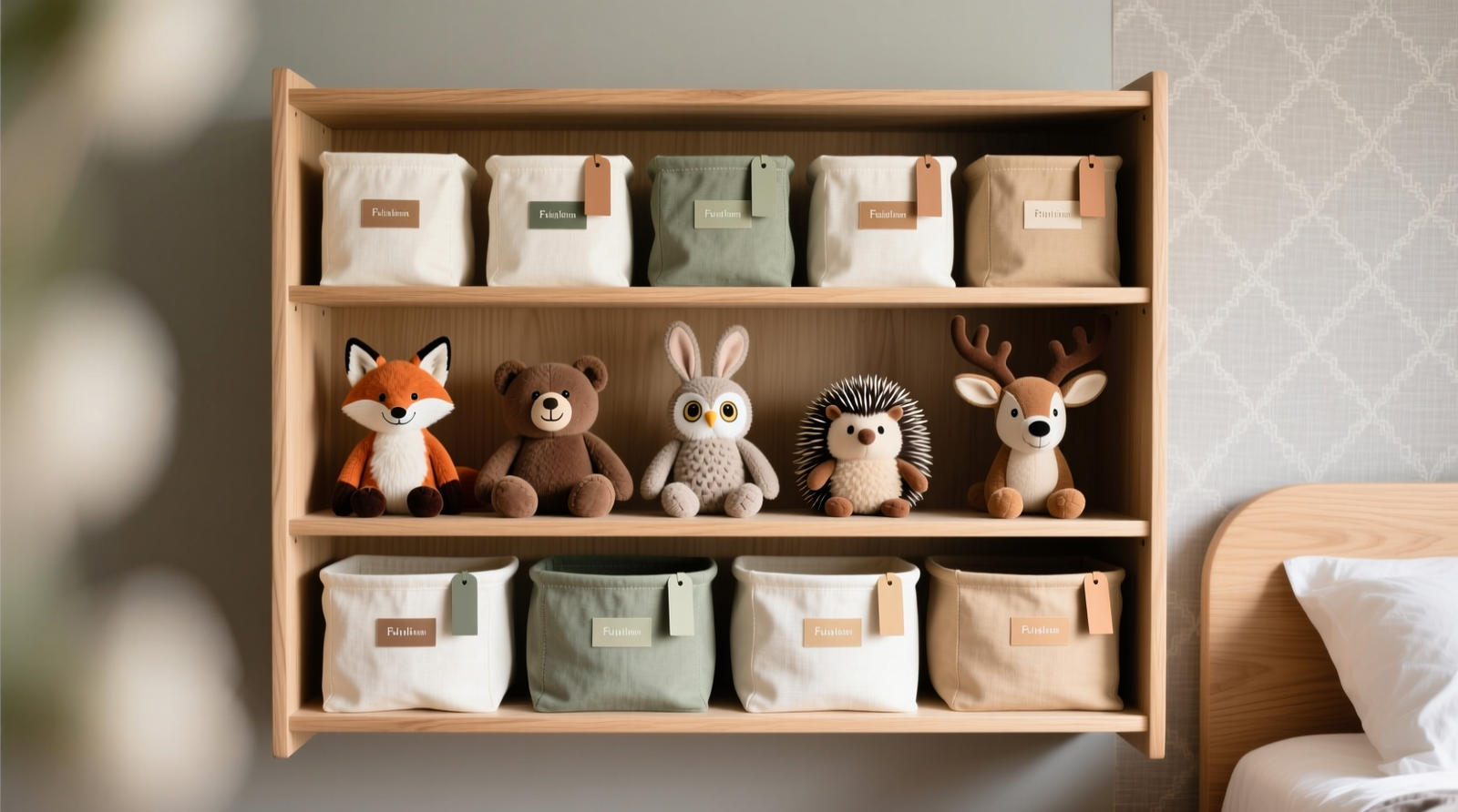 Three-tier closet shelf system with upright plush toys arranged in labeled, breathable linen bins; each bin holds 4–6 medium-sized stuffed animals facing forward, with subtle spacing between rows for airflow