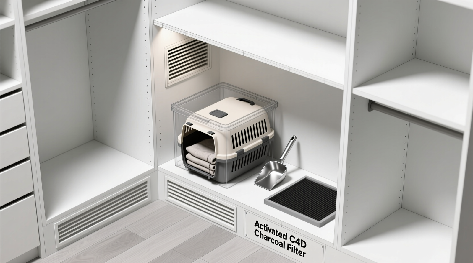 A narrow closet interior showing three clear lidded bins on a top shelf, a white pegboard mounted on the inside of the door with color-coded hooks holding leashes and brushes, and a small rolling caddy at floor level containing a handheld vacuum and lint roller—all surfaces visibly free of visible dog hair.