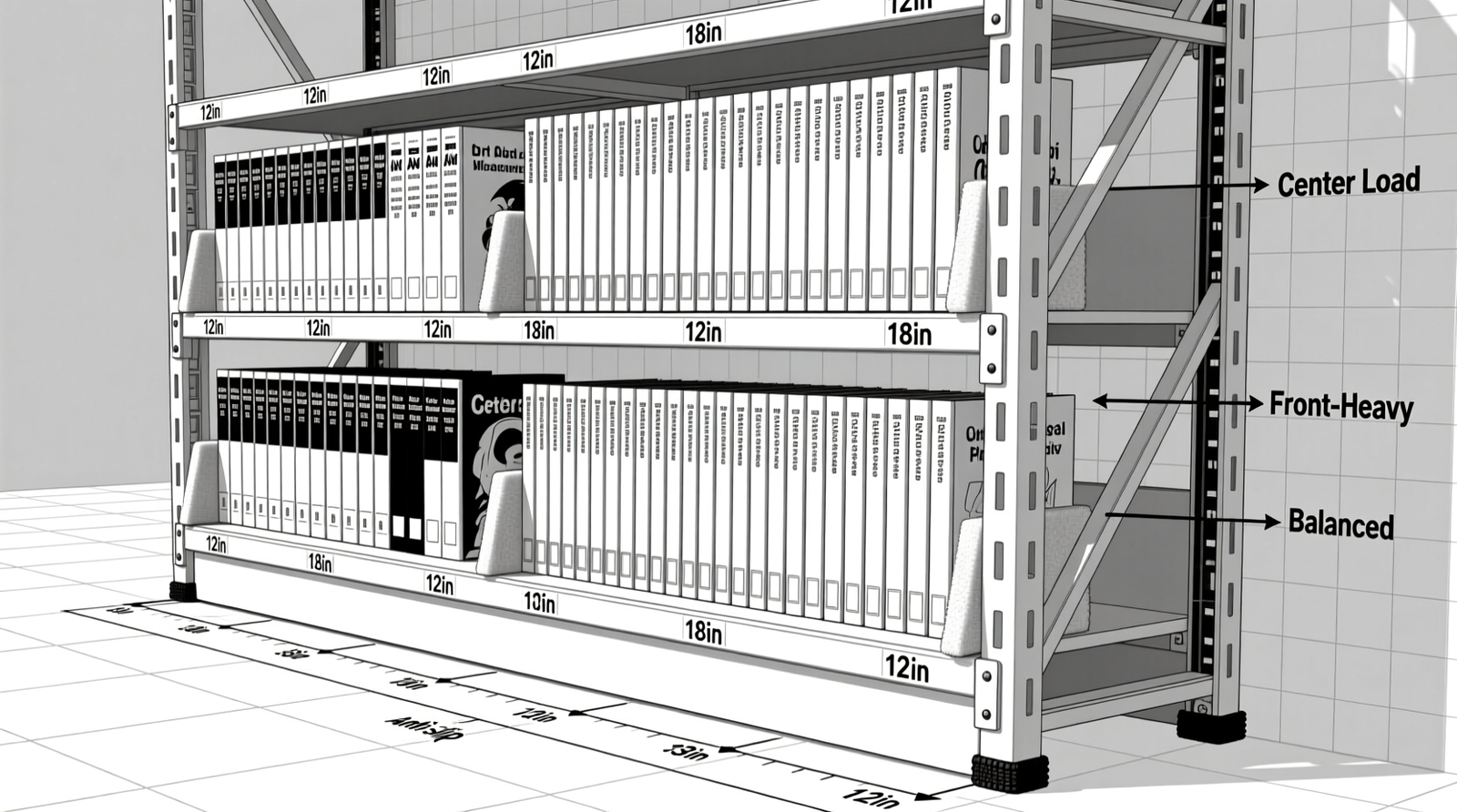 A well-lit closet nook showing vertically arranged manga and anime art books on a solid-wood shelf, flanked by matte-black acrylic bookends and spaced evenly with removable felt-lined aluminum spacers. No titles are bent, tilted, or overlapping.