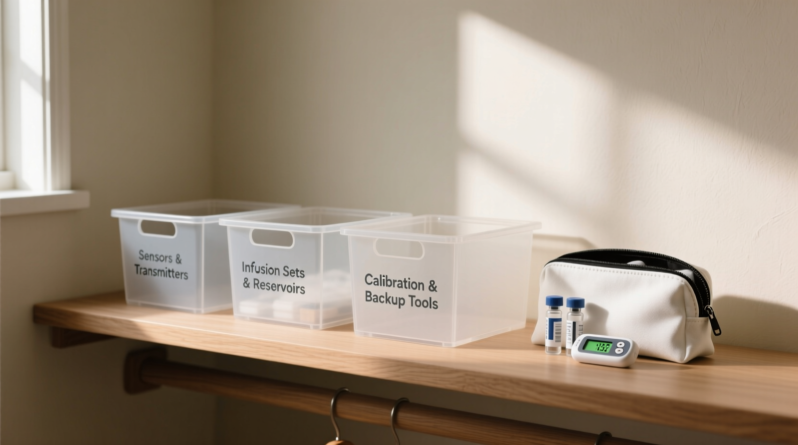 A minimalist, light-filtering closet interior showing three labeled, matte-finish acrylic bins on a solid wood shelf: one marked 'Sensors & Transmitters', one 'Infusion Sets & Reservoirs', and one 'Calibration & Backup Tools'; all placed beside a small, insulated pouch containing insulin vials and a digital temperature logger