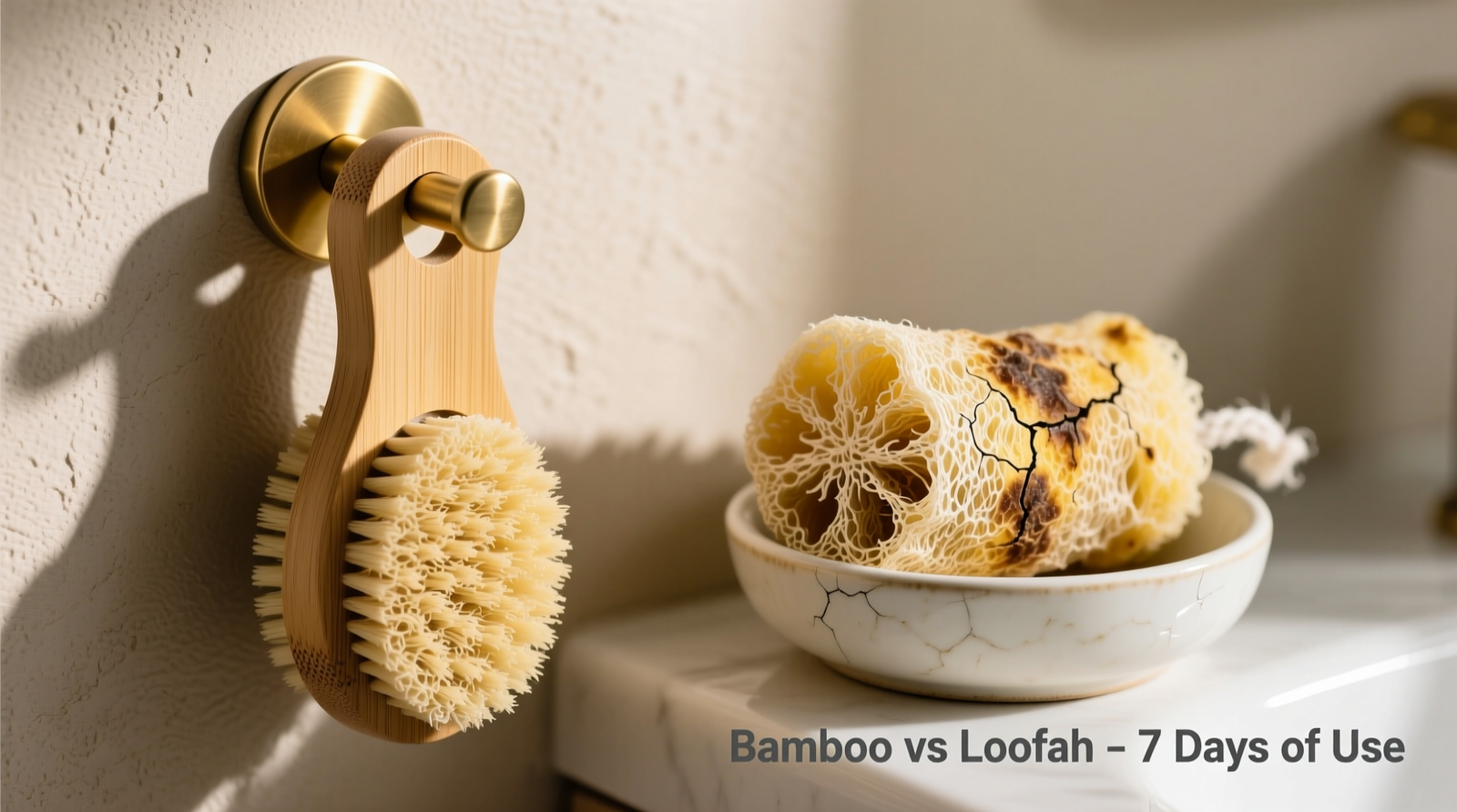Side-by-side comparison: a dry, smooth-textured bamboo dish scrubber mounted on a wall hook beside a visibly water-swollen, discolored loofah sponge resting in a closed ceramic dish