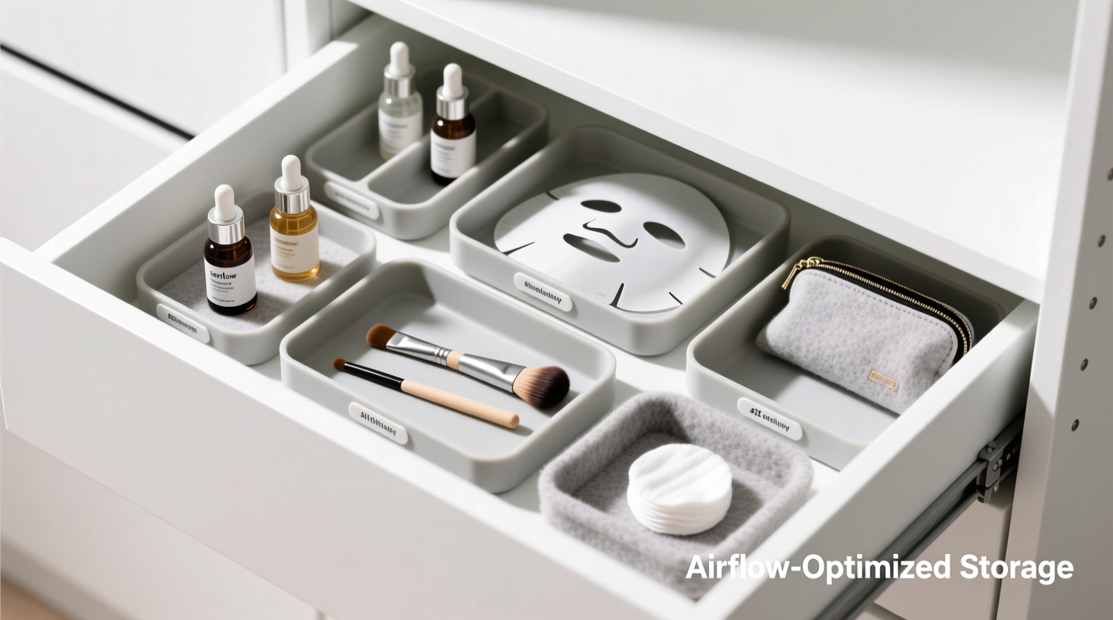Top-down view of a white closet drawer containing modular, removable silicone and felt organizers: labeled compartments hold upright serums, horizontally stored sheet masks, angled brush holders, and a small zippered pouch for cotton pads—all with visible spacing between units for airflow