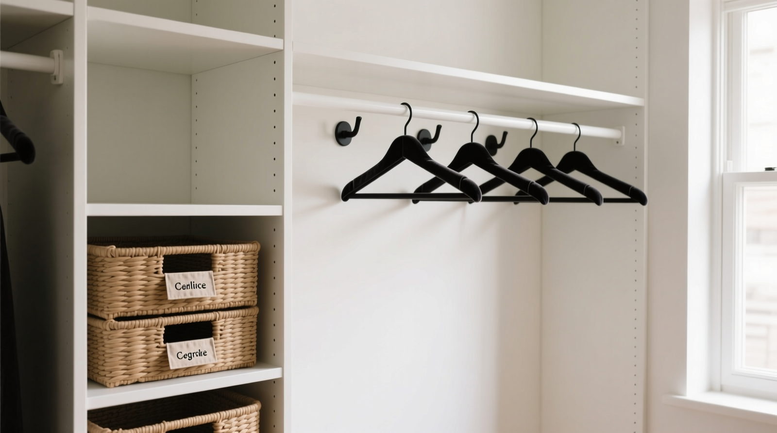A compact, light-filled studio apartment closet showing a white aluminum wall-mounted rail system with matte black hooks, shallow woven seagrass bins, slim velvet hangers, and labeled linen tags—all fitting cleanly within a 28-inch-wide, 78-inch-tall space