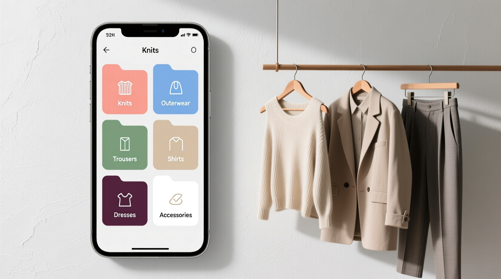A minimalist closet with six clearly labeled, color-coordinated photo folders visible on a smartphone screen beside three hanging garment groups: knits, outerwear, and trousers