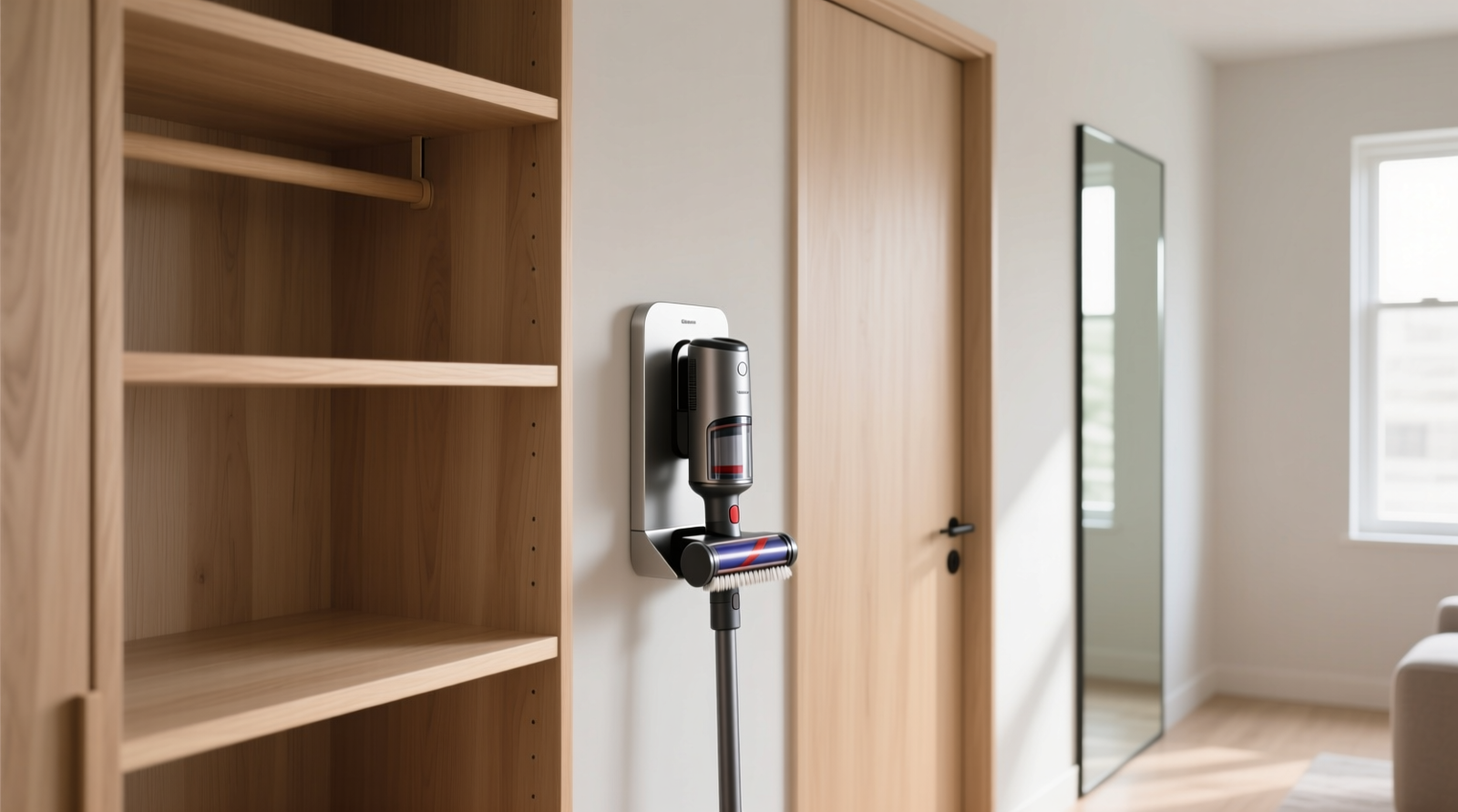 A minimalist closet with light wood shelves, a compact cordless vacuum mounted on a brushed-metal wall dock beside the door, and a single soft-brush attachment resting neatly in its cradle