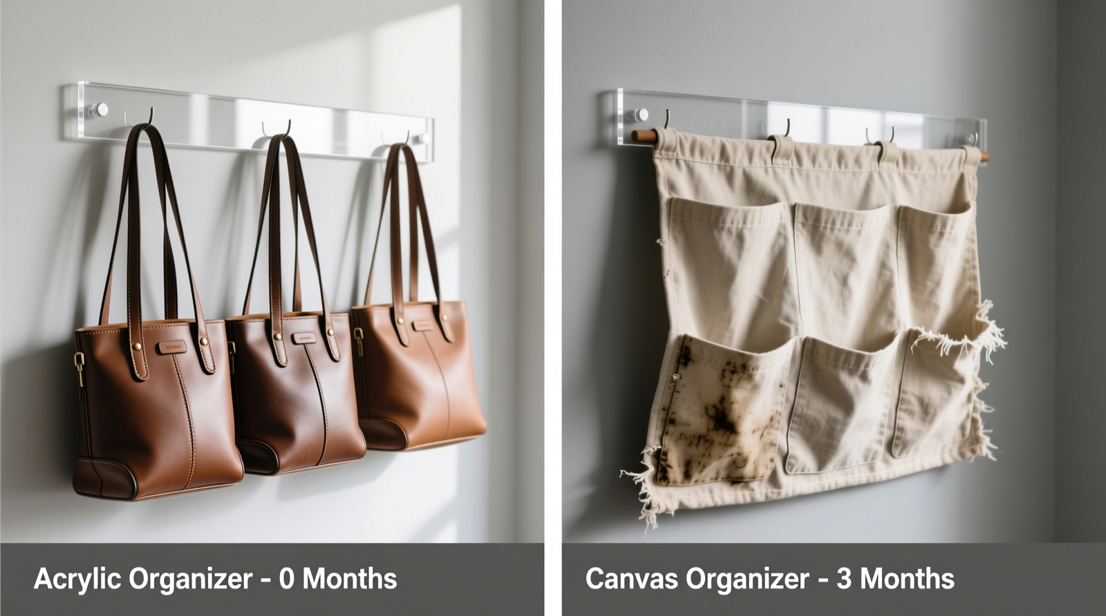 Side-by-side comparison: left panel shows acrylic hanging bag organizer holding structured leather totes without sag; right panel shows identical canvas unit with visibly stretched pockets and misaligned hems after three months of daily use