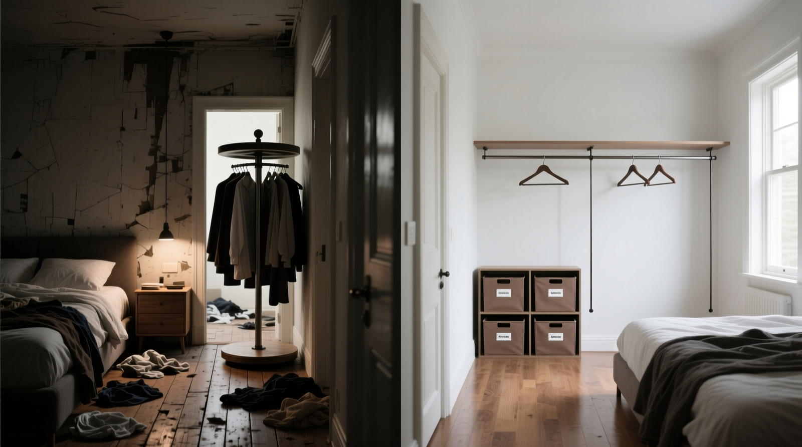 Side-by-side comparison: left shows a cramped bedroom with a rotating carousel partially blocking the doorway and nightstand; right shows the same room with clean dual-rod closet, slim hangers, and labeled shelf bins—walkway fully clear, bed unobstructed