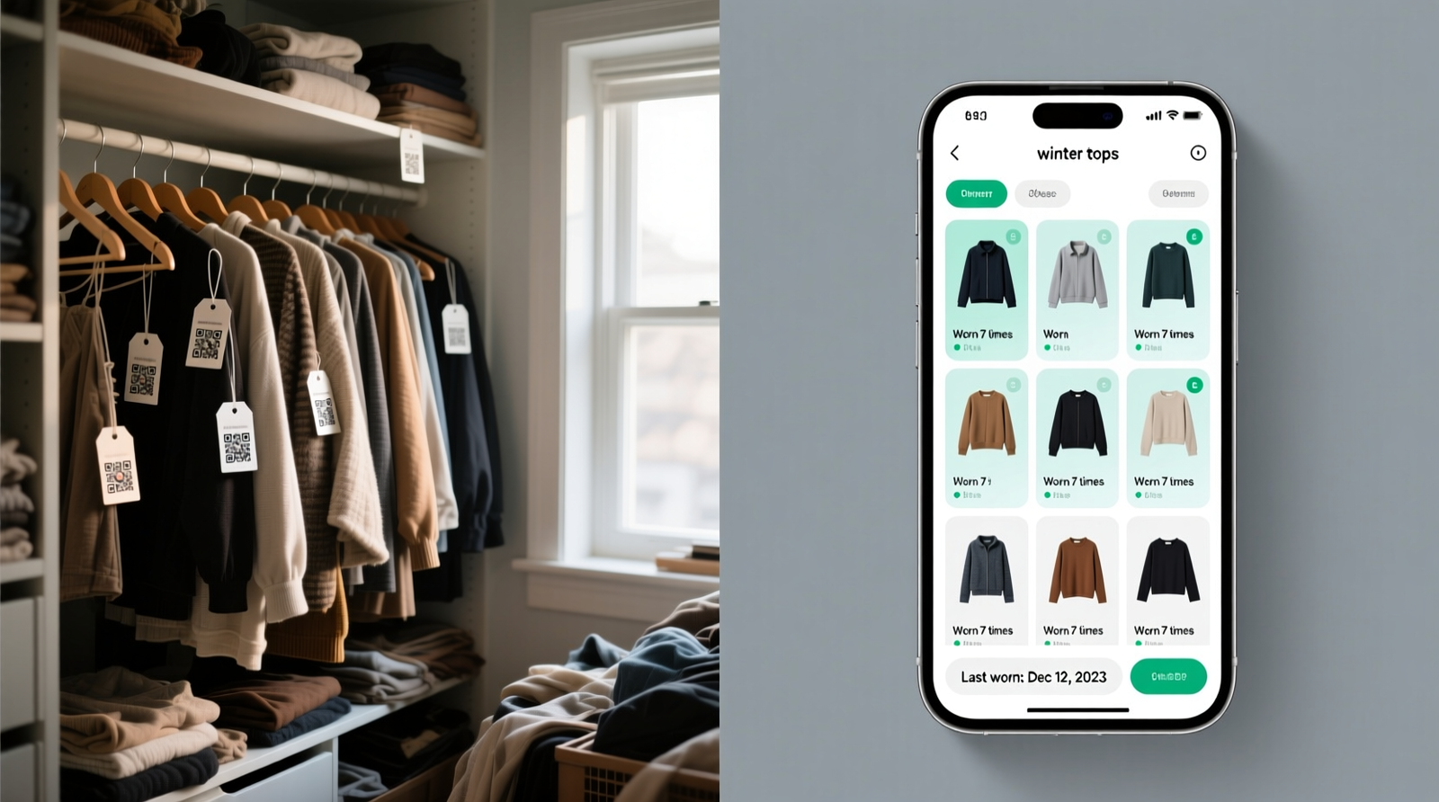 Side-by-side comparison: left shows a densely packed closet with visible tags and QR codes on garment hangers; right shows a smartphone screen displaying a clean grid view of clothing items filtered by 'winter tops', with usage stats and 'last worn' dates highlighted
