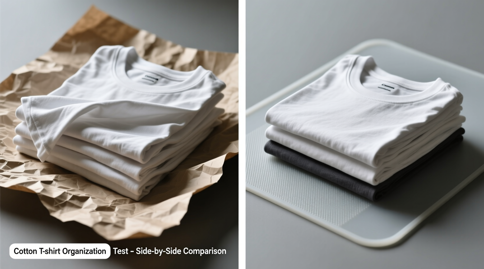 Side-by-side drawer comparison: left shows cotton t-shirts sliding apart on a wrinkled paper liner; right shows identical stack perfectly aligned on a matte-finish silicone mat with visible micro-texture
