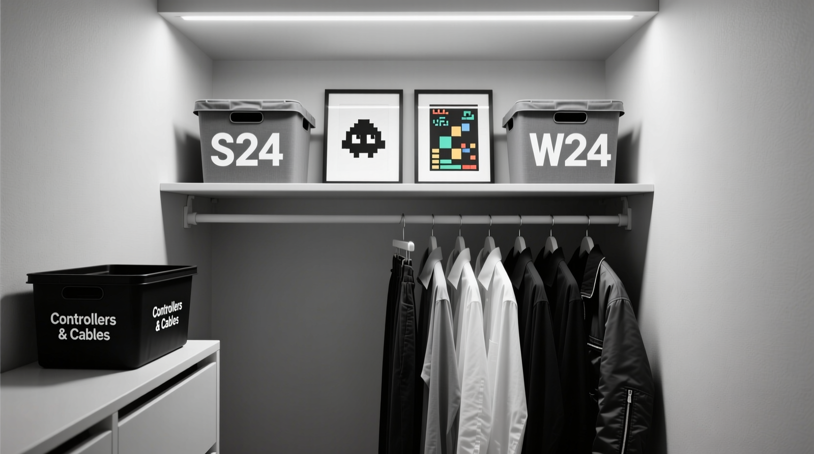 A narrow 36-inch-wide closet showing double-hang rod, eye-level daily wear in monochrome order, mid-shelf with two framed game posters and one matte-black bin labeled 'Controllers & Cables', upper shelf with two identical gray bins marked 'S24' and 'W24'