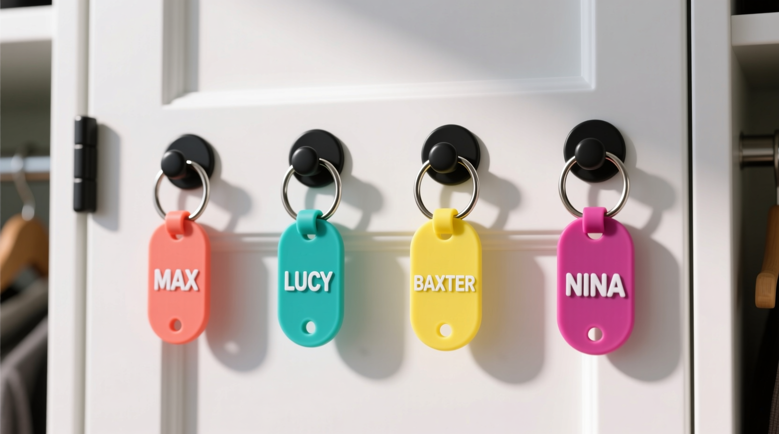 Close-up of a smooth white closet door back with four evenly spaced black adhesive hooks, each holding a colorful silicone-sleeved pet ID tag on a split ring; no visible residue, no tools nearby, natural light