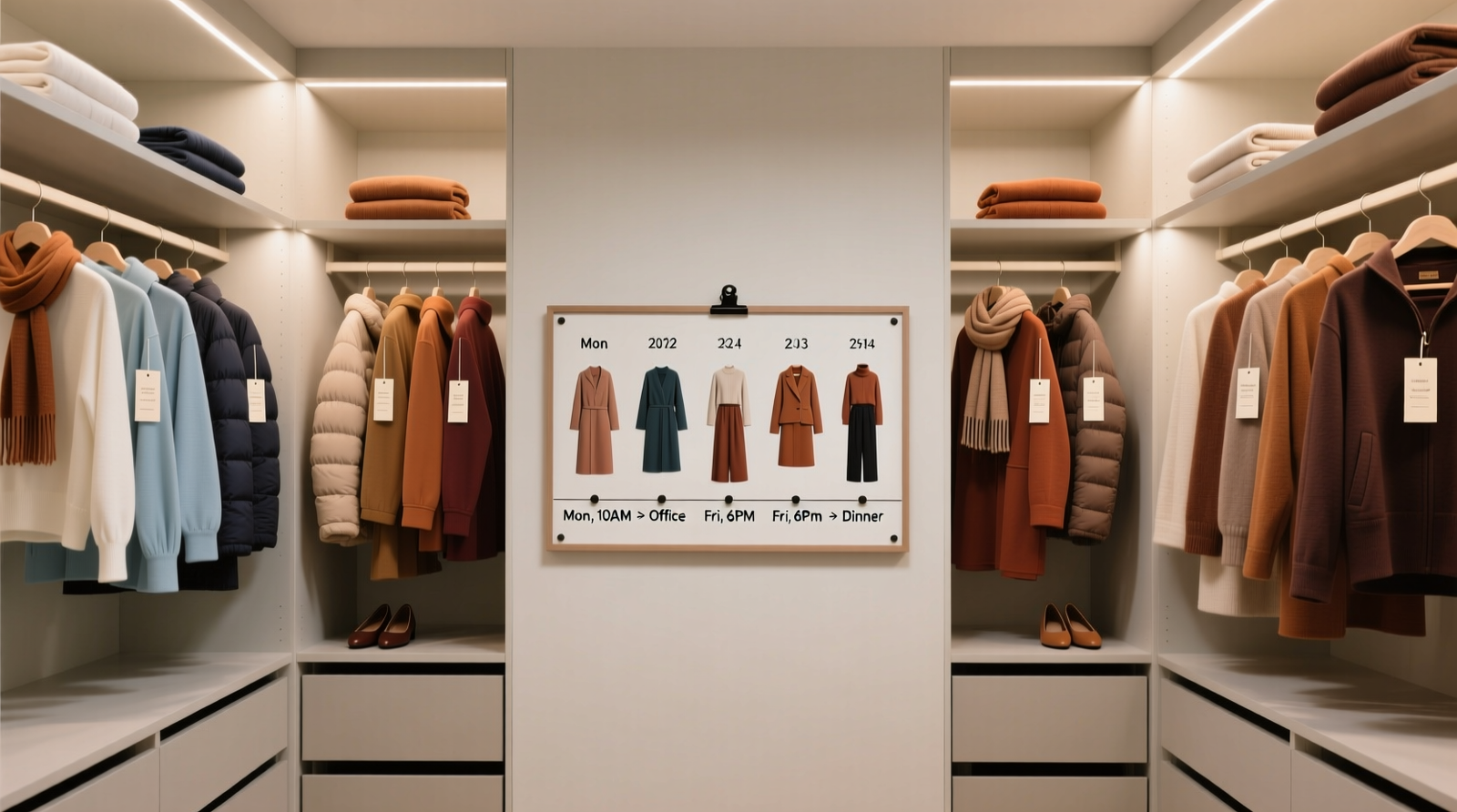 A well-organized closet with color-coded garment tags, grouped by thermal function, and a small labeled photo board showing six coordinated outfits arranged chronologically