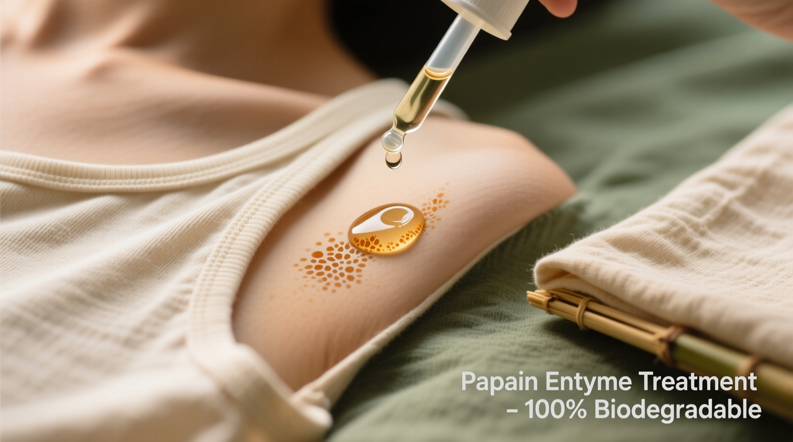 Close-up of a pale beige organic cotton tank top with a faint, translucent kombucha stain on the underarm seam; a dropper applies clear liquid papain solution precisely to the stain, while a soft bamboo cloth rests nearby