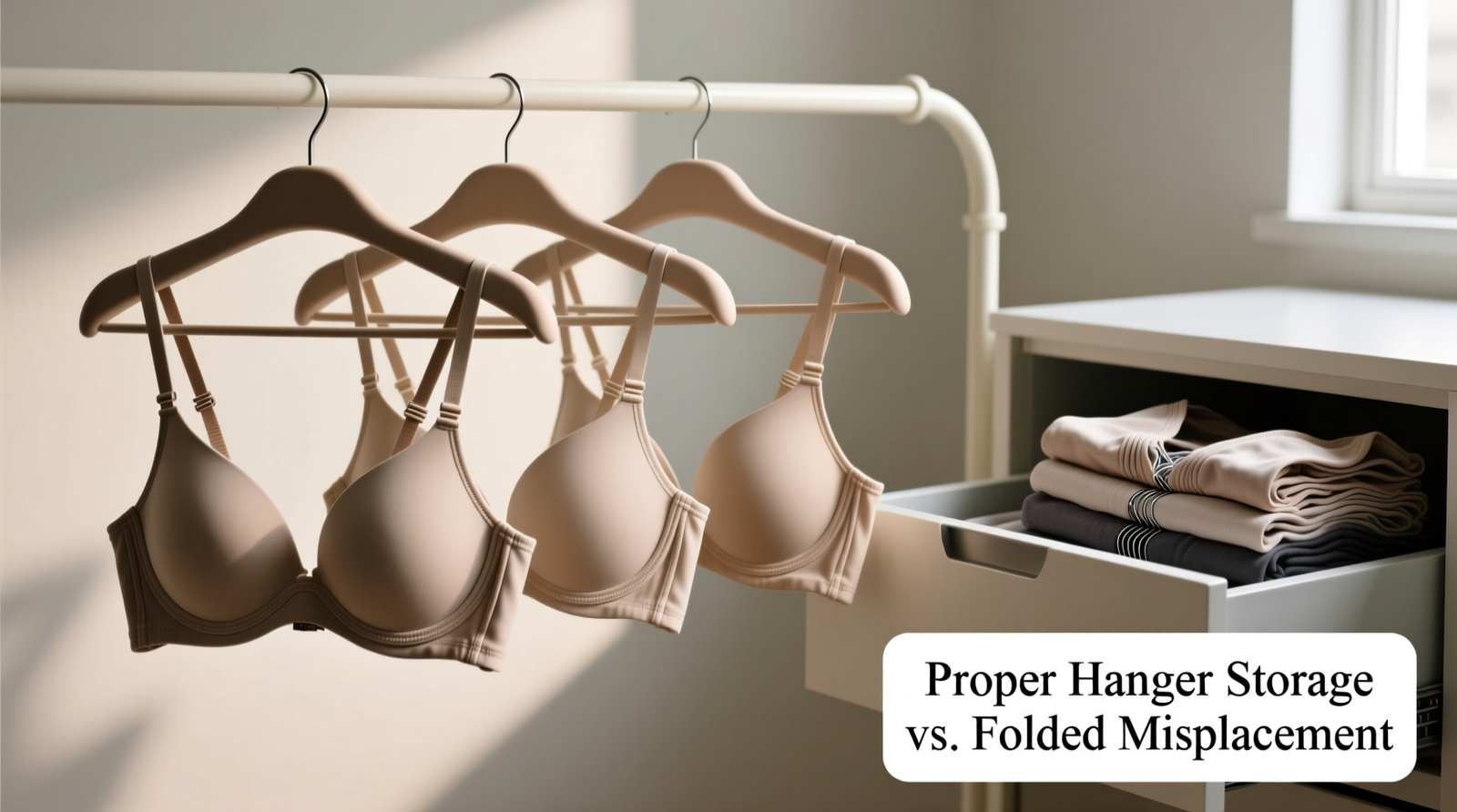 Side-by-side comparison: three bras hung by wide padded hangers using the band method—each spaced evenly, cups facing forward, bands resting fully across the hanger bar—next to a drawer showing folded bras with visible wire kinks and cup wrinkles.