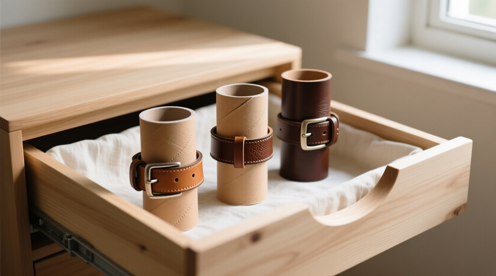 Three leather belts rolled snugly around standard toilet paper tubes, standing upright in a light-wood shallow drawer with soft linen lining—no overlapping, no buckles visible, ambient room lighting
