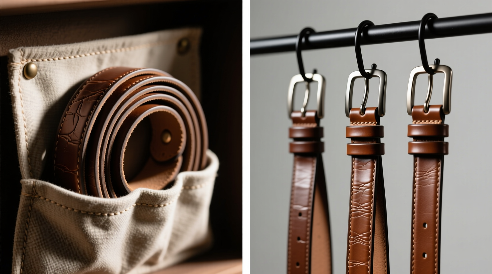 Side-by-side comparison: left shows leather belts tightly wound in fabric loop organizer with visible creasing and dulling; right shows identical belts vertically suspended on matte-black metal rack with wide, rounded hooks—full drape, no contact points, ambient light reflecting evenly across surfaces