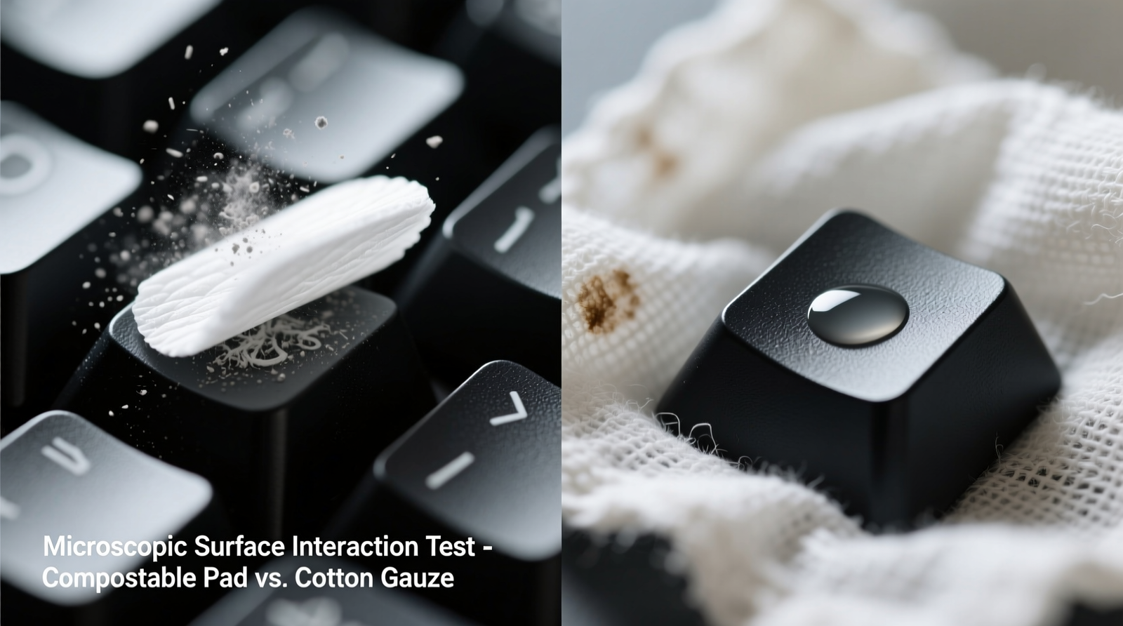 Side-by-side macro photography: left—crisp, white compostable pad lifting fine dust from black ABS keycaps; right—slightly wrinkled cotton gauze with visible moisture halo and faint smudge residue on adjacent key