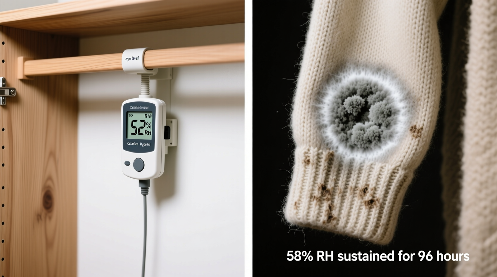 Side-by-side photo: left shows a calibrated digital hygrometer mounted at eye level inside a cedar-lined closet, displaying 52% RH; right shows a close-up of wool sweater sleeve with visible fiber bloom and faint gray mold halo—labeled '58% RH sustained for 96 hours'