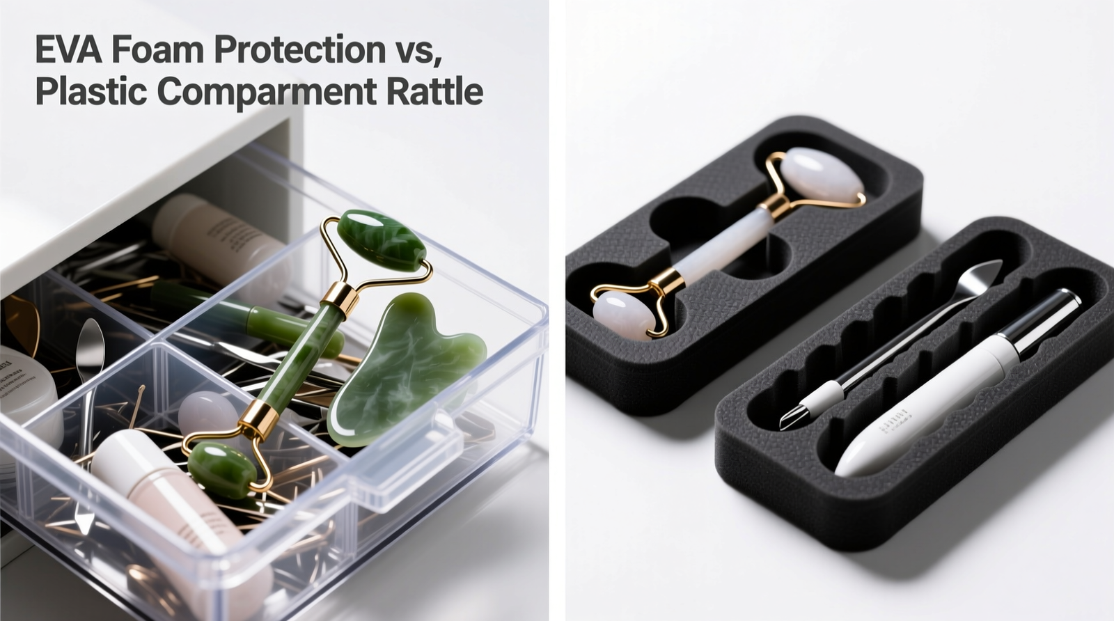 Side-by-side comparison: left shows skincare tools rattling loosely in rigid plastic drawer compartments; right shows same tools nestled individually in custom-cut black EVA foam trays with visible contour relief around roller grooves and wand handles