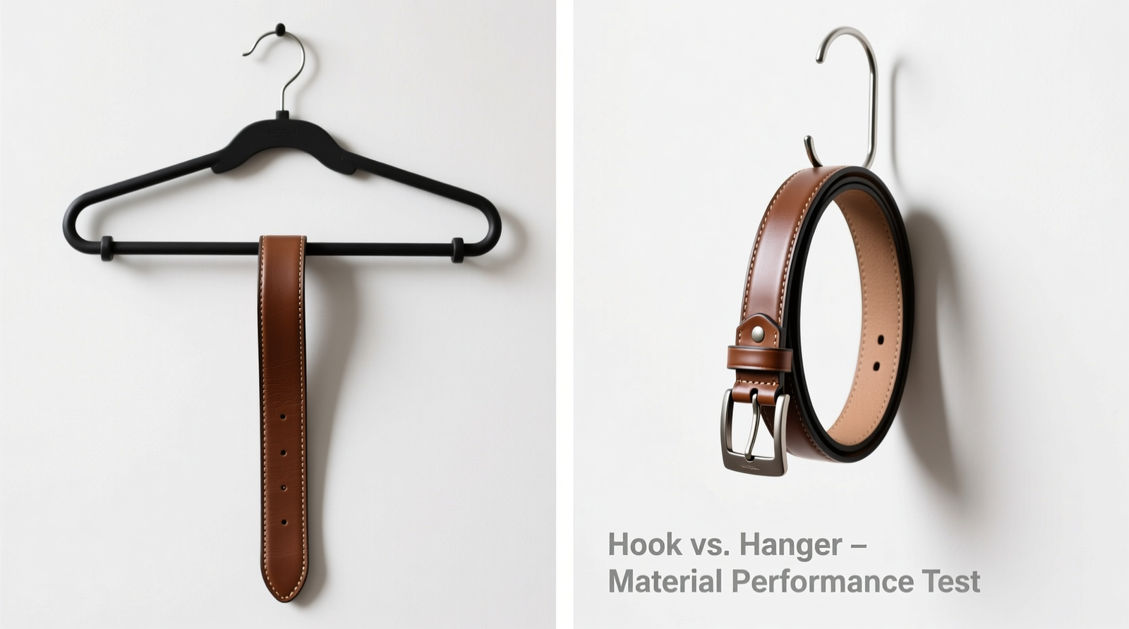 Side-by-side comparison: leather belts vertically hung on wide-bar rubber-coated hangers versus belts draped over thin metal hooks—showing clear tail curling and buckle occlusion on the hook side