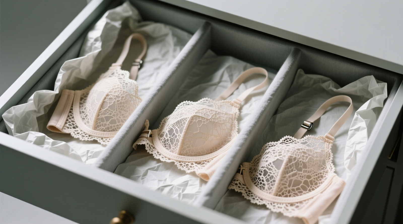 Top-down view of three lace bralettes laid flat in a shallow, light-gray cotton-lined drawer, each separated by crinkled unbleached acid-free tissue; no overlapping, no stacking, no visible fasteners or hooks touching fabric