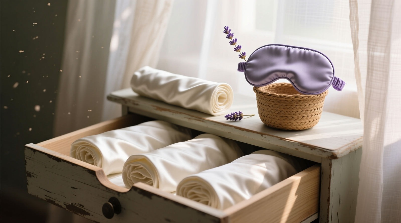 A shallow, well-lit drawer showing three rolled silk pillowcases in ivory cotton sleeves, two silk sleep masks standing upright in a woven seagrass cup, and a single dried lavender bud placed beside the topmost roll—no clutter, no labels, soft shadow gradient indicating evening light