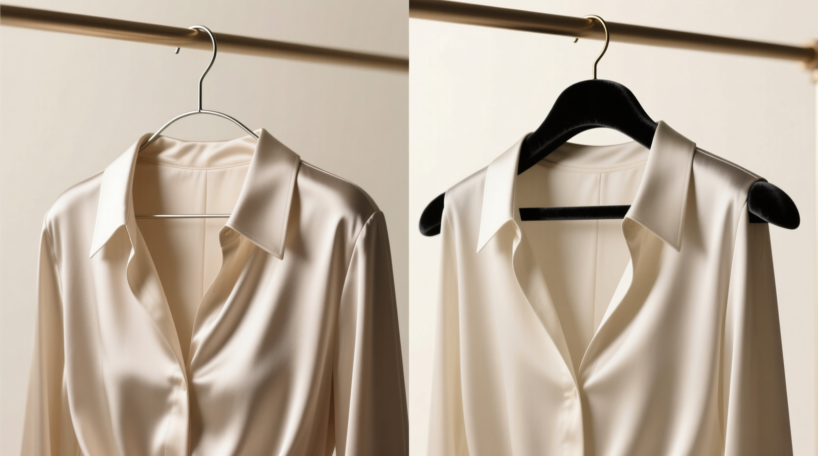 Side-by-side comparison: silk blouse draped over a narrow wire hanger (showing shoulder dimples and collar distortion) versus the same blouse on a wide, black velvet hanger with smooth, even drape and no creasing