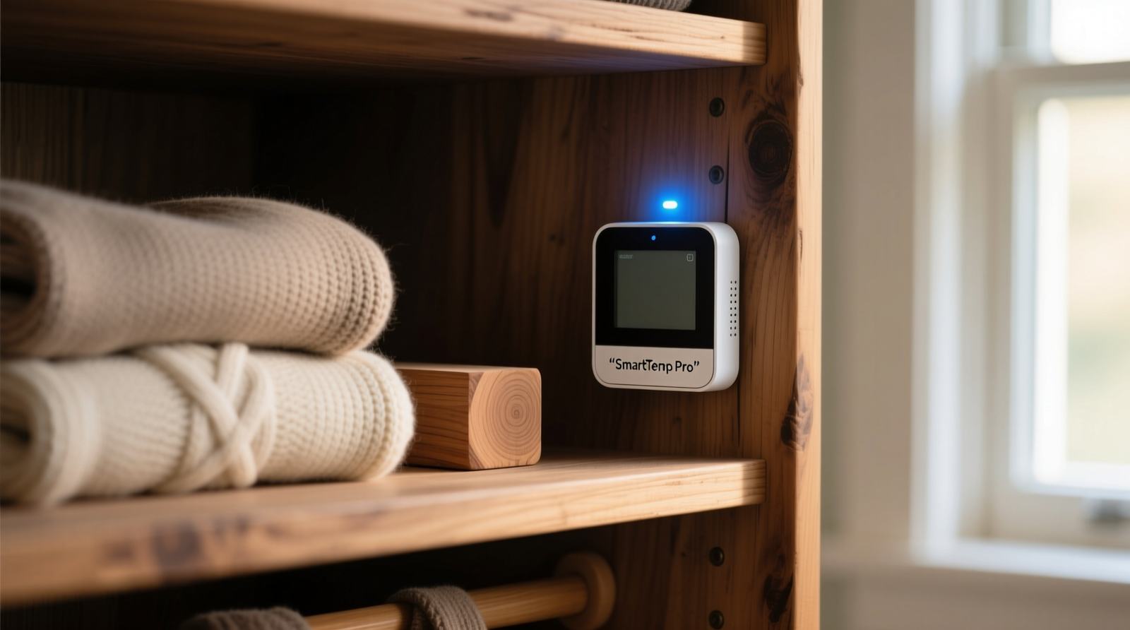A compact smart thermostat external sensor mounted discreetly on a wooden closet shelf, positioned between folded cashmere sweaters and a cedar block, with visible LED indicator glowing soft blue