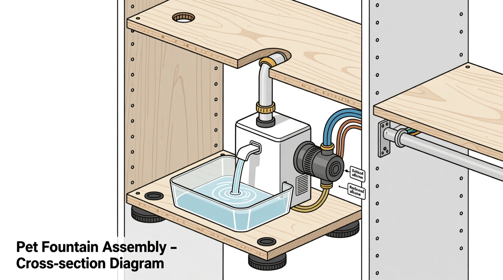 Cross-section diagram showing a pet water fountain mounted on a stud-secured plywood shelf inside a closet, with rubber isolation pads, a rigid acrylic drip tray, vertical tubing exiting upward through a grommeted hole in the top shelf, and a sealed silicone joint at all tubing connections