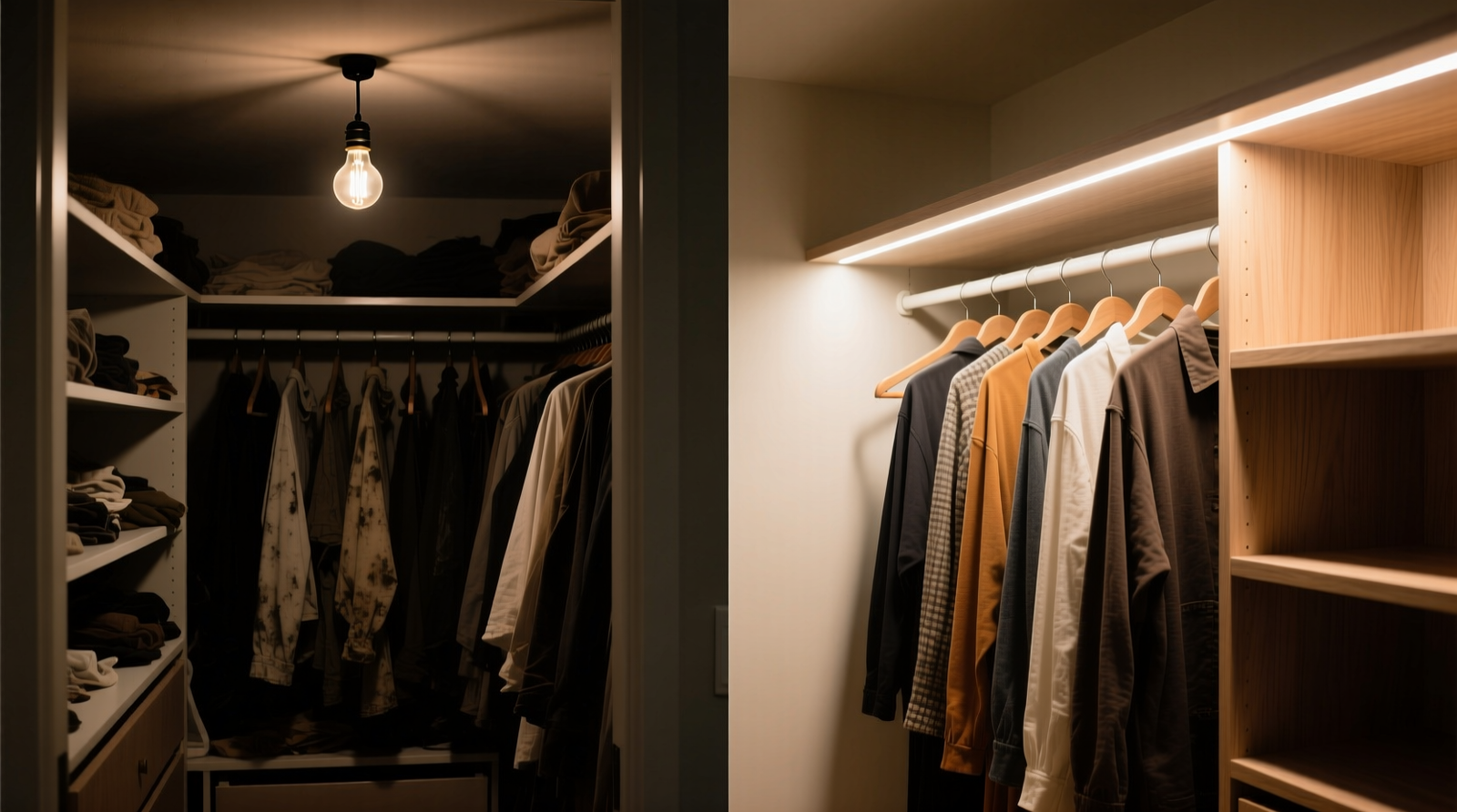 Close-up of warm-white LED strip mounted along underside of closet shelf, casting even, shadow-free light onto folded knitwear and hanging blazers—no glare visible on fabric surfaces