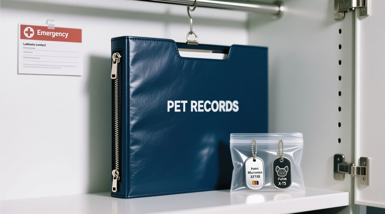 A neatly organized waterproof folder open on a closet shelf, showing labeled silicone pouches containing pet ID tags and crisp waterproof-printed vaccination records behind clear tab dividers. A leash and pet carrier sit nearby for contextual relevance.