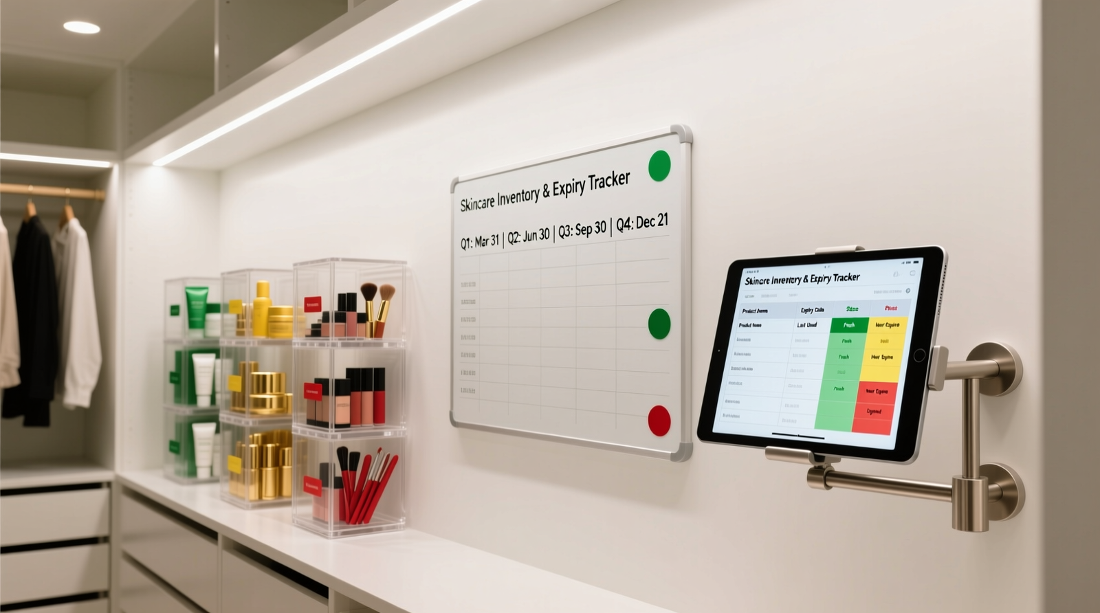 A well-lit, minimalist beauty closet showing vertical acrylic bins with color-coded dot stickers (green, yellow, red), a small whiteboard listing quarterly audit dates, and a tablet mounted beside it displaying a clean spreadsheet titled 'Skincare Inventory & Expiry Tracker'