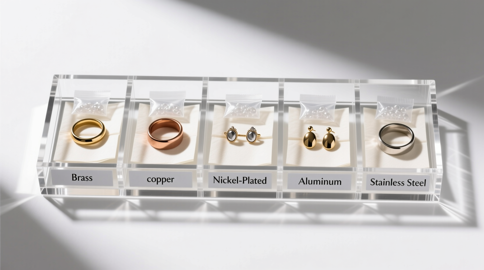 Top-down view of a modular acrylic jewelry tray with five labeled compartments: Brass, Copper, Nickel-Plated, Aluminum, Stainless Steel—each holding matching pieces on acid-free tissue, with silica gel sachets visible in brass and copper sections