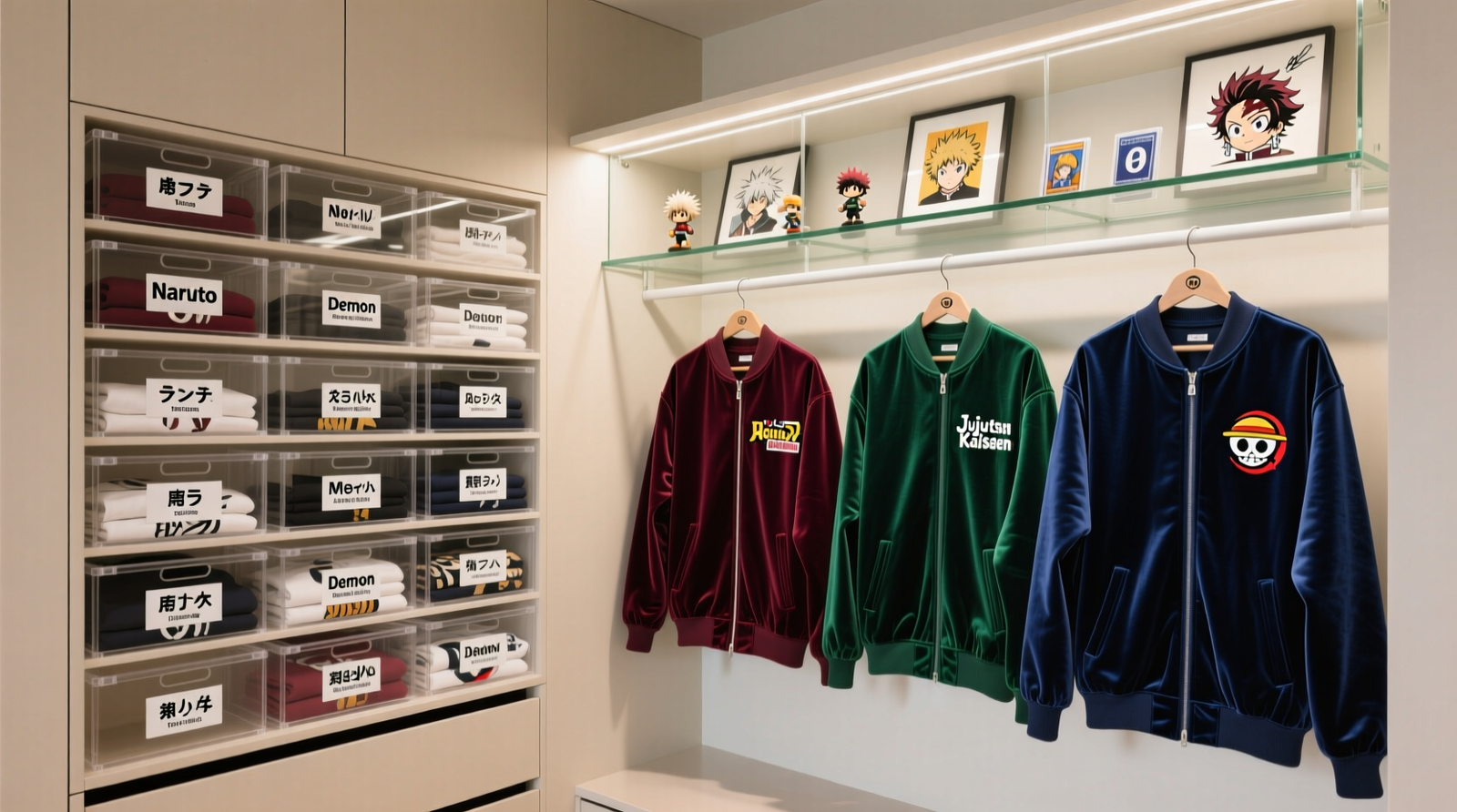 A minimalist closet with labeled acrylic bins for folded anime tees, velvet-hung jackets grouped by official line, and a dedicated UV-protected shelf for limited edition display pieces